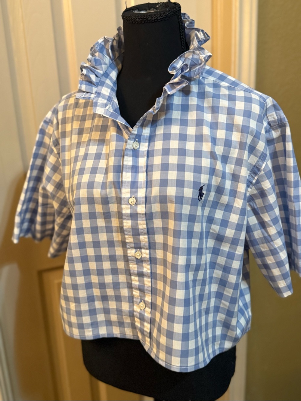 Upcycled Men’s Ralph Lauren Blue and White Gingham Ruffle-Collar Button-Down - Picture 2 of 7
